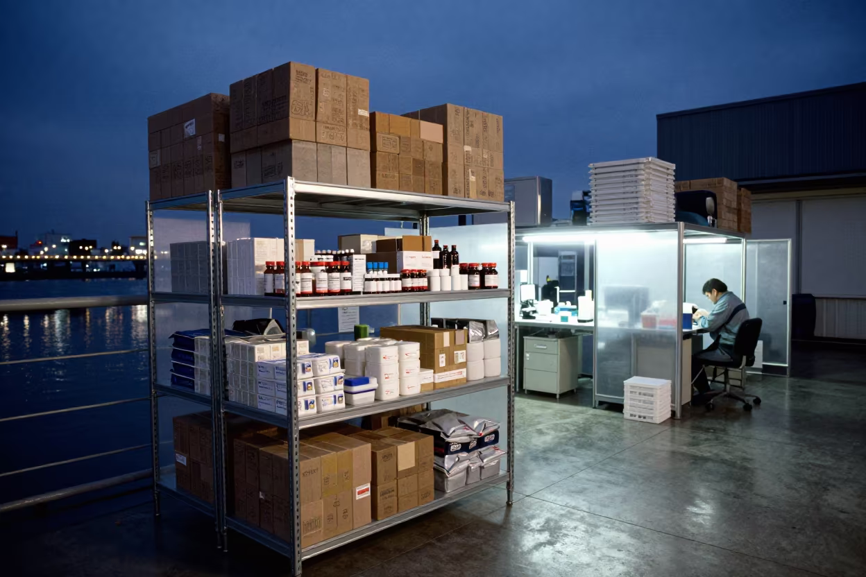Predawn Coolant Brick Shelf in Osaka Dispatch Office in inside a dispatch office above the dock near Osaka