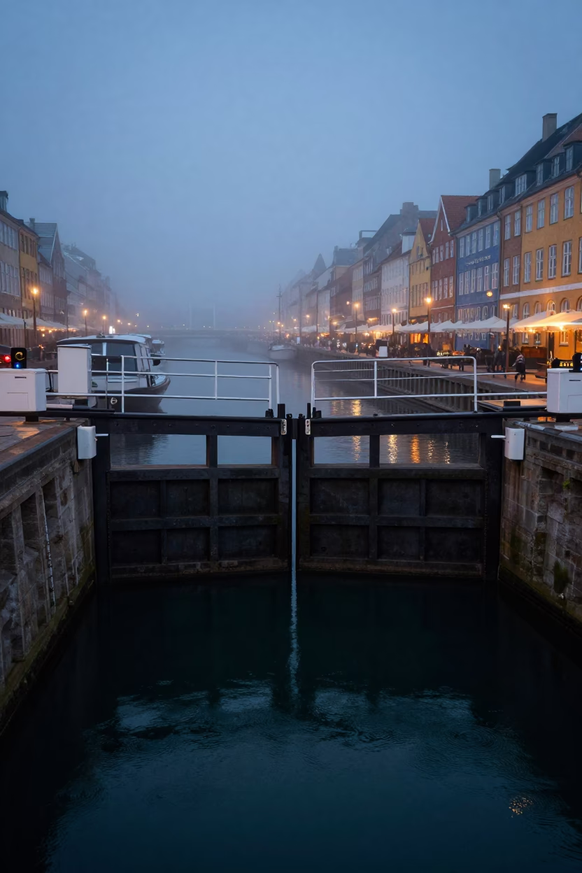 Predawn Copenhagen Canal Lock Gate Closing on Still Green Water With Morning Fog in in Copenhagen, Denmark