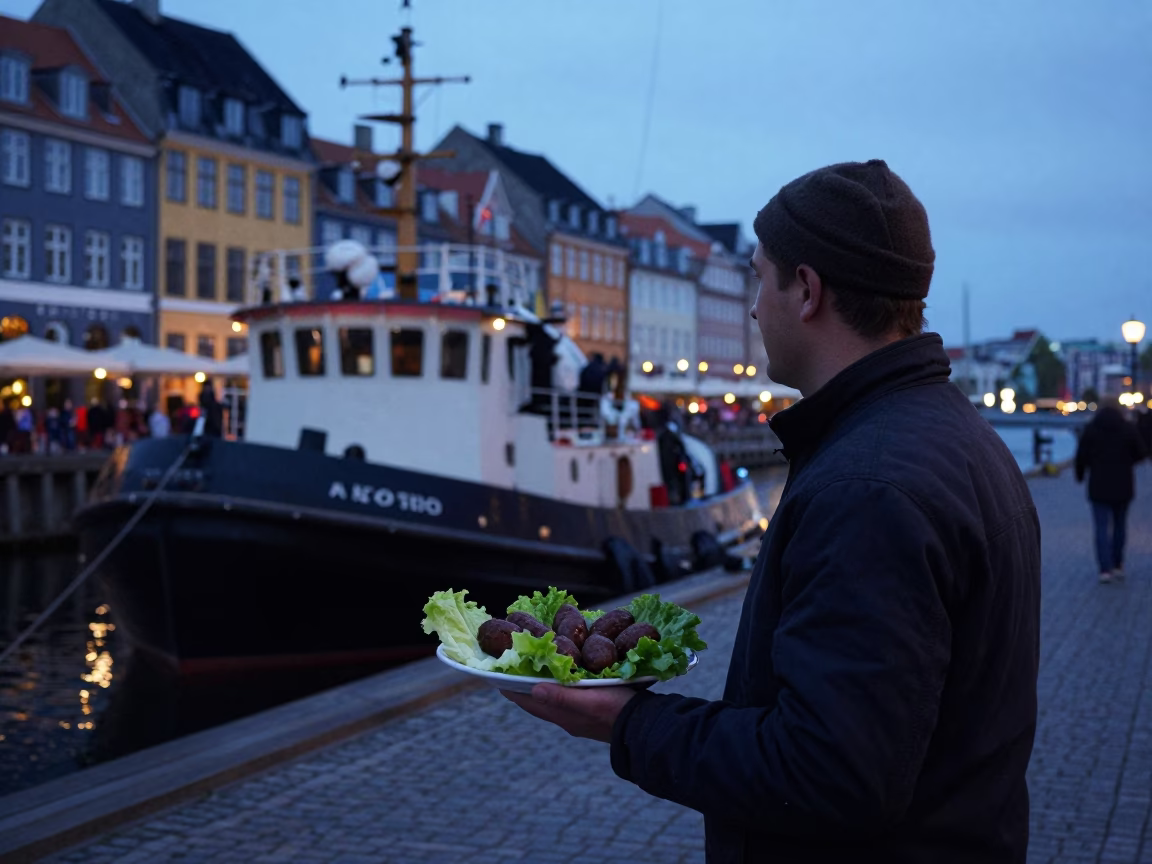 Predawn Copenhagen Harbor Street Scene with Tugboat and Local Street Food Vendor in in Copenhagen, Denmark
