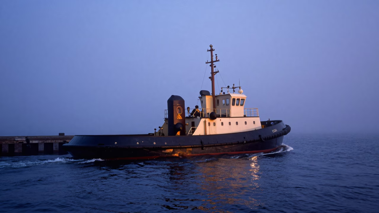 Predawn Copenhagen Harbor Tugboat Navigating Foggy Waterway in 1980s in in Copenhagen, Denmark
