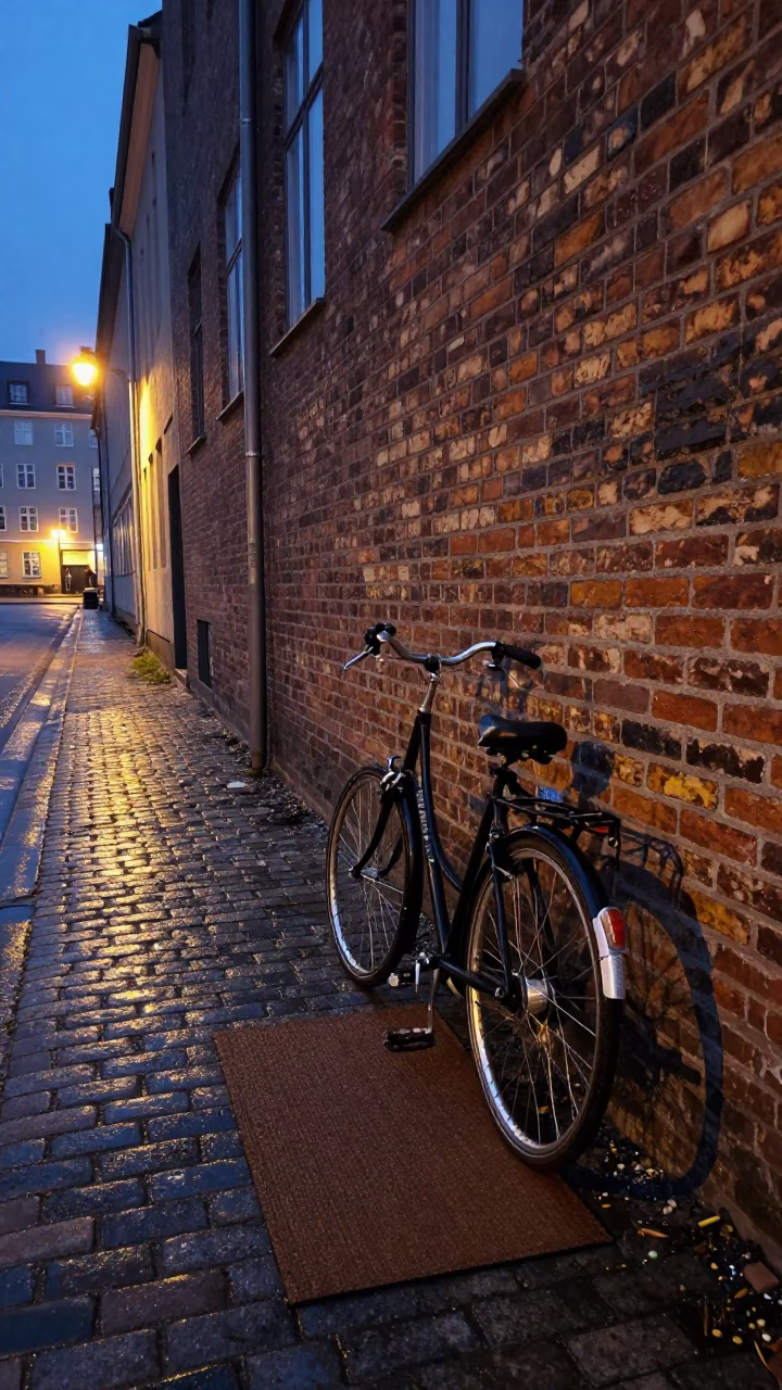 Predawn Copenhagen Street Scene with Bicycle and Doormat in in Copenhagen, Denmark