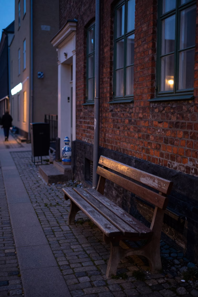 Predawn Copenhagen Street Scene with Blue and White Porcelain and File Box in in Copenhagen, Denmark