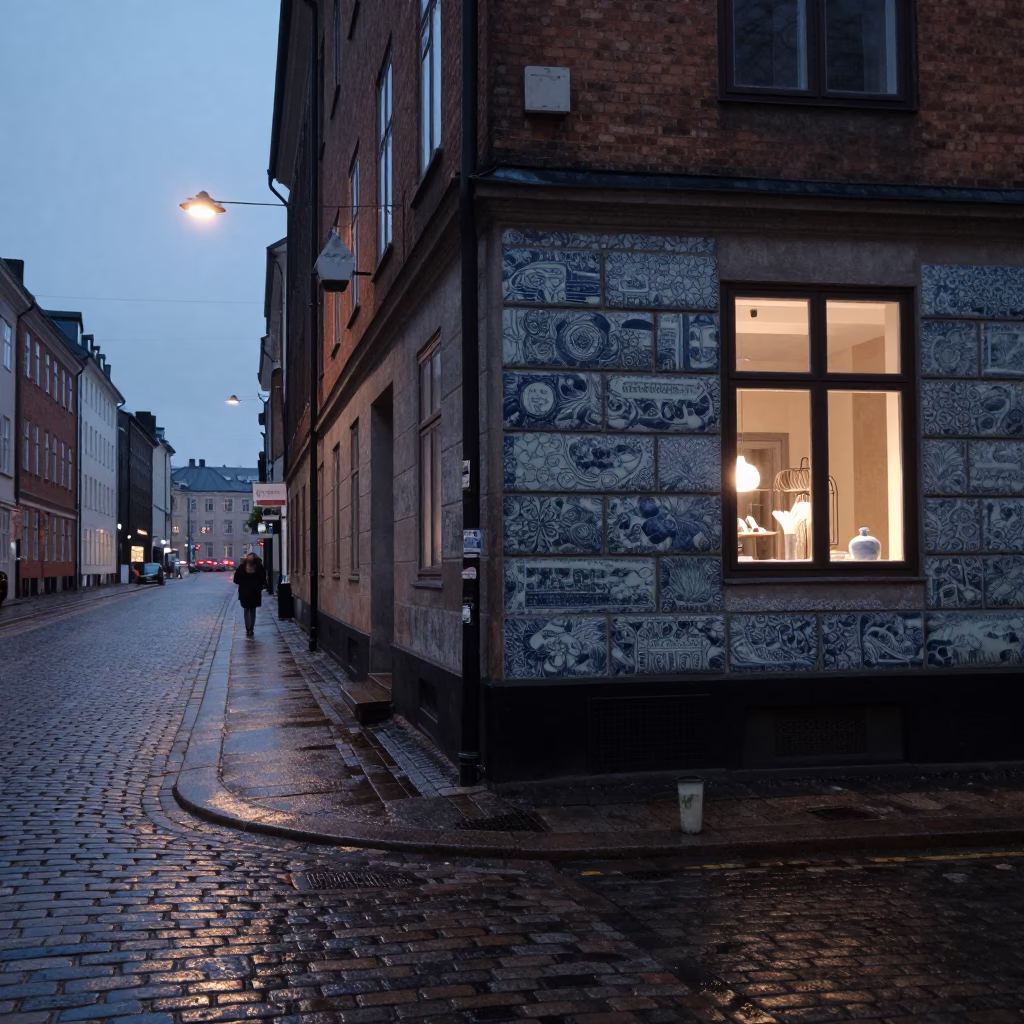 Predawn Copenhagen Street Scene with Blue Porcelain and Window Light Reflections in in Copenhagen, Denmark