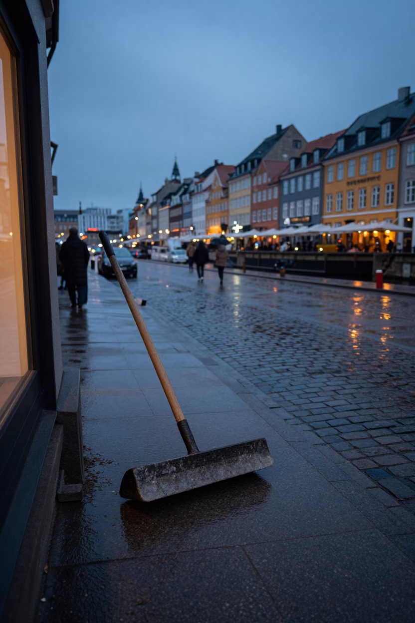 Predawn Copenhagen Street Scene with Boot Scraper and Harbor Beacon Reflections in in Copenhagen, Denmark