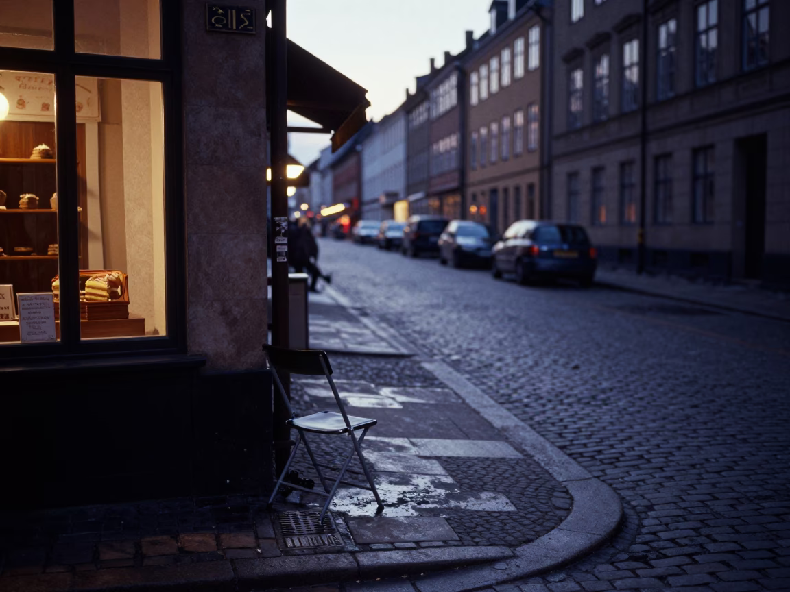 Predawn Copenhagen Street Scene with Folding Chair and Grease Sheen in in Copenhagen, Denmark