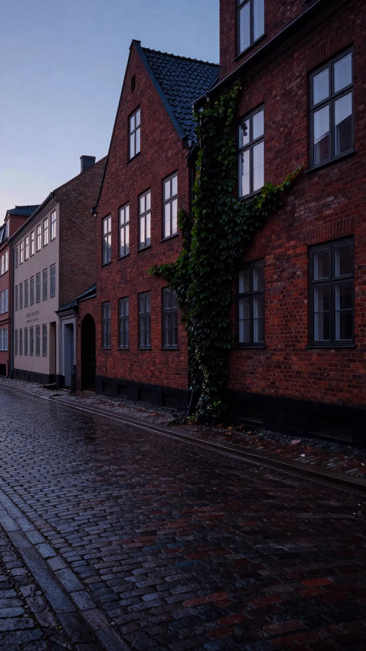Predawn Copenhagen Street Scene with Ivy and Wet Cobblestones in in Copenhagen, Denmark
