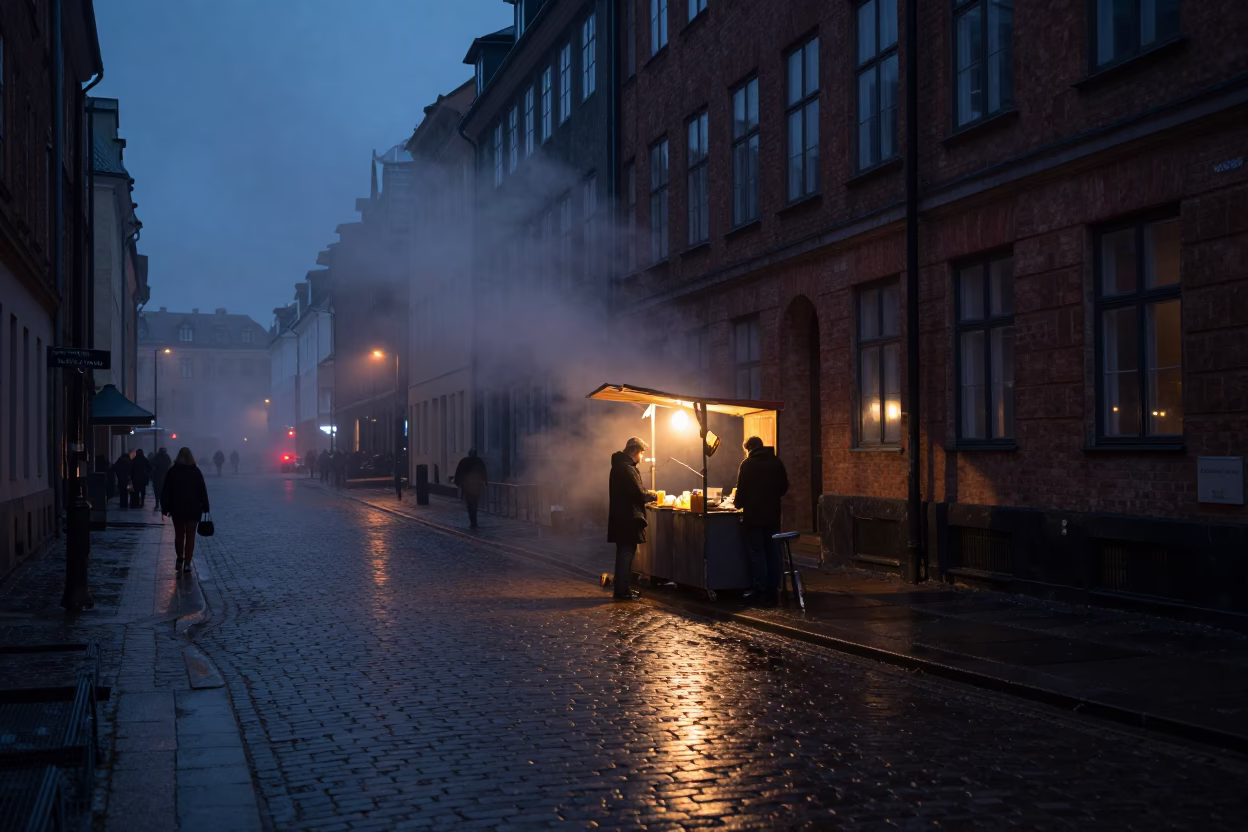 Predawn Copenhagen Street Scene with Steam Haze and Brushed Steel Bowl in in Copenhagen, Denmark