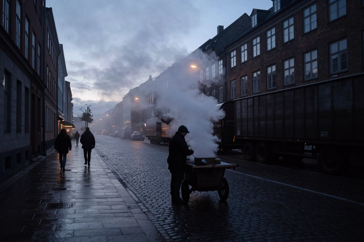 Predawn Copenhagen Street Scene with Steam Haze and Freight Train in Background in in Copenhagen, Denmark