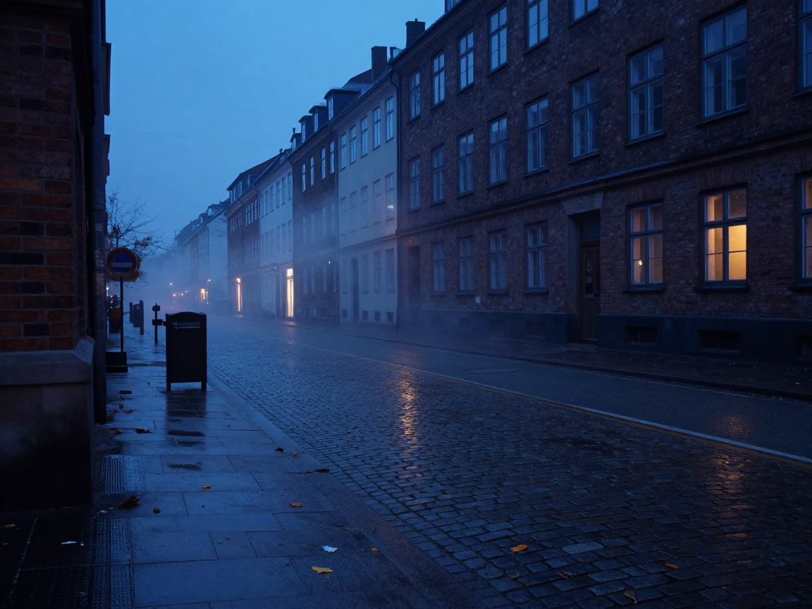 Predawn Copenhagen Street Scene with Steam Haze and Leaf Shadows on Drain in in Copenhagen, Denmark