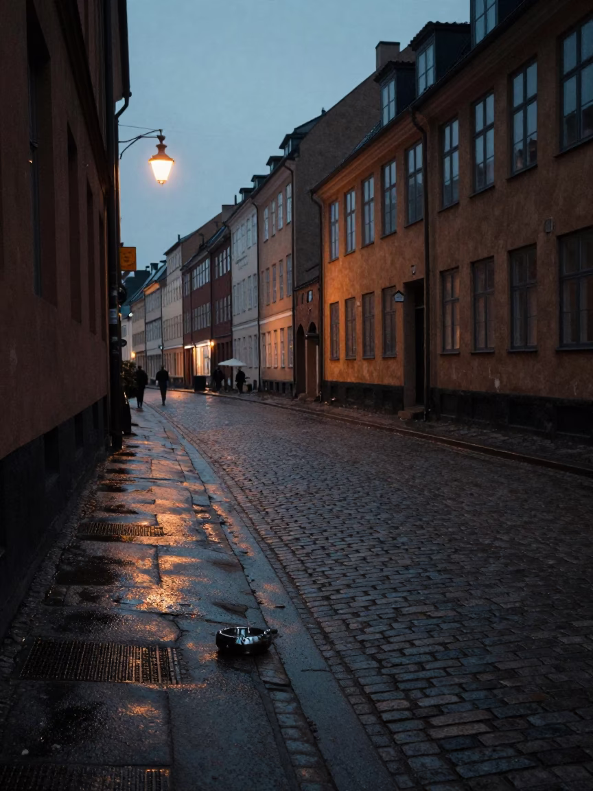 Predawn Copenhagen Street Scene with Vintage 1970s Aesthetic and Urban Details in in Copenhagen, Denmark