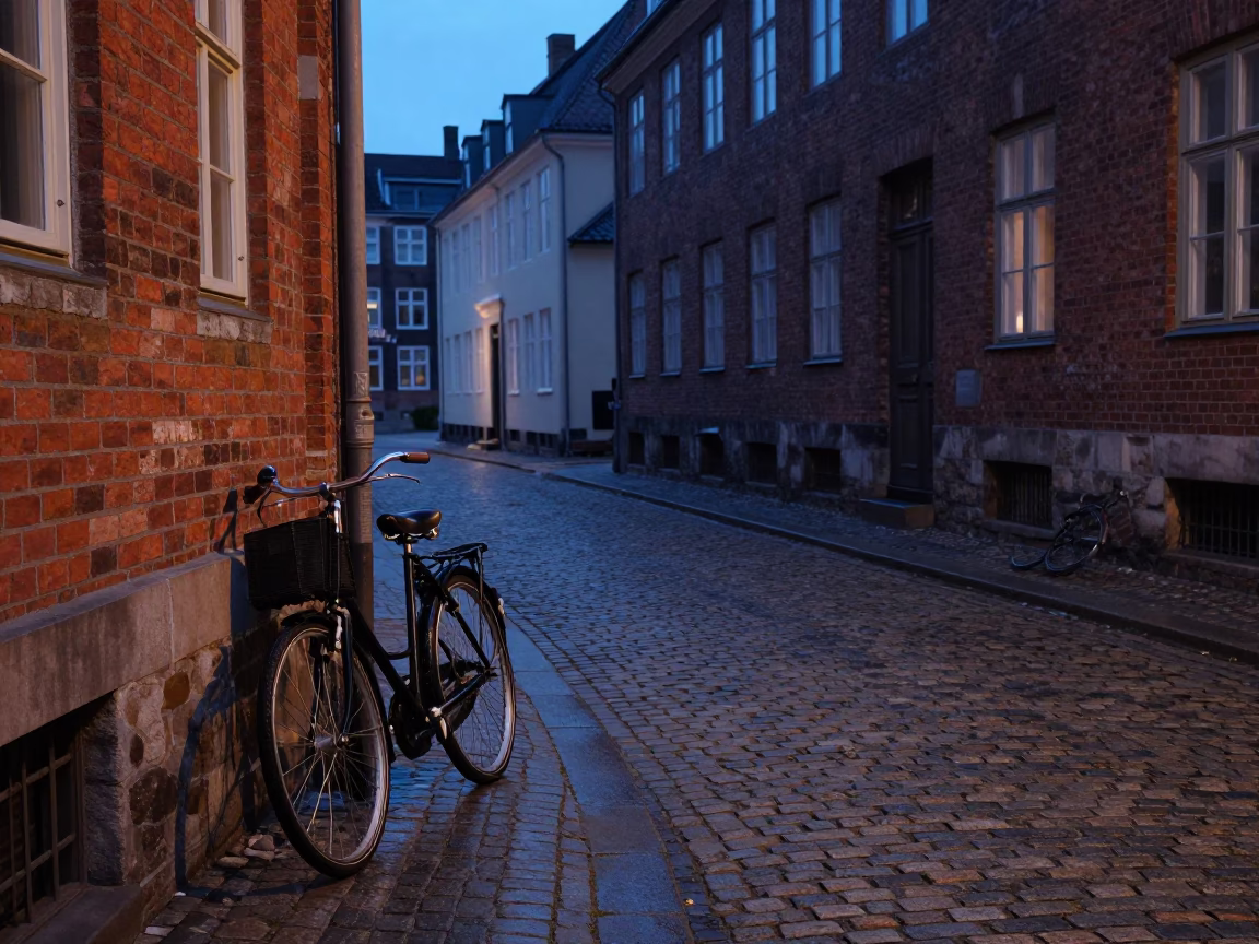 Predawn Copenhagen Street Scene with Vintage Bicycle and Cobblestone Alleyway in in Copenhagen, Denmark