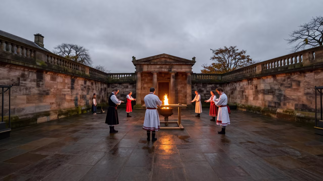 Predawn Costume Fitting in Newcastle Temple Courtyard in in a temple courtyard in Newcastle upon Tyne