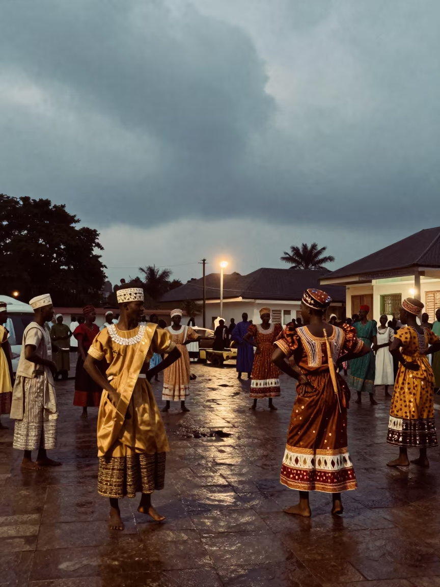 Predawn Costume Workshop in Ilorin Temple Courtyard in in a temple courtyard in Ilorin