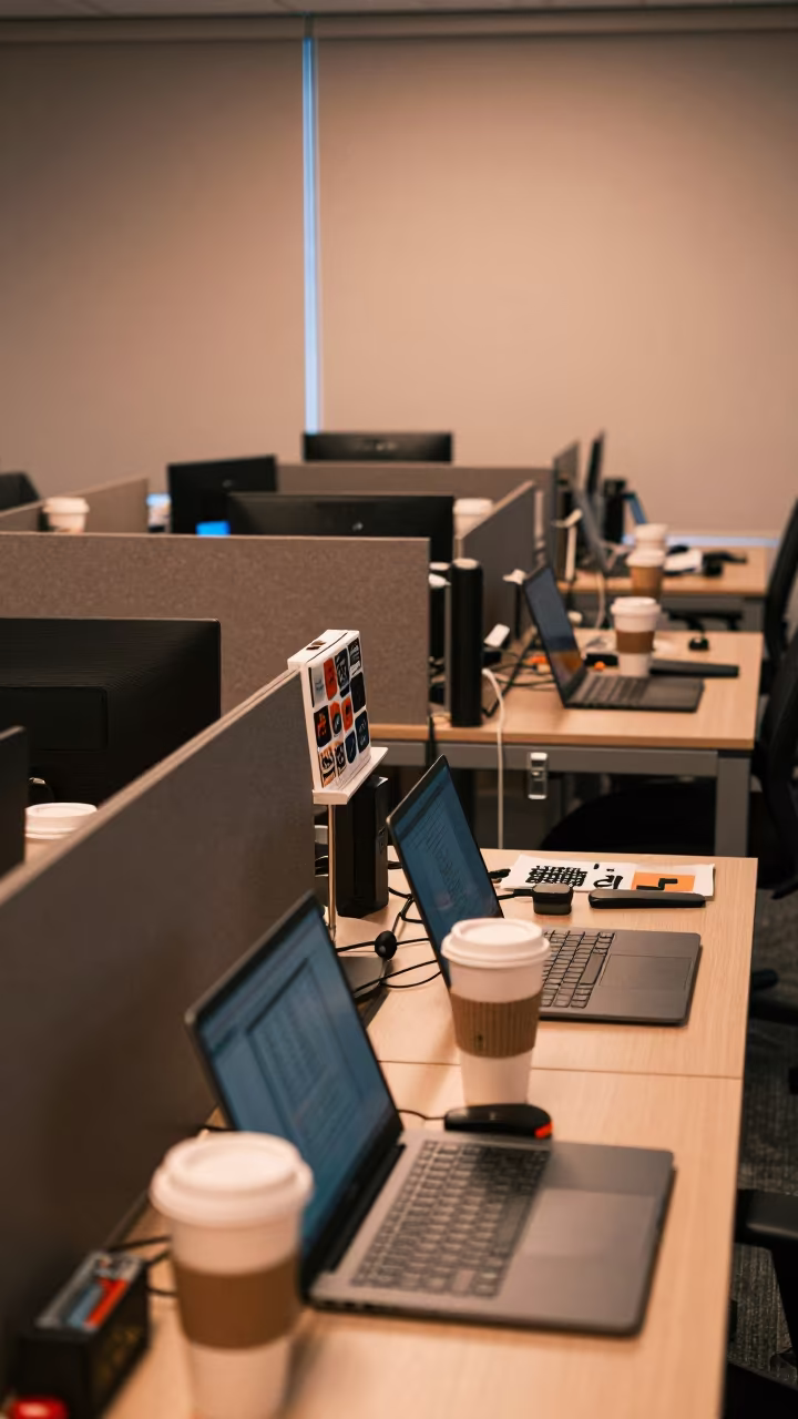 Predawn Coworking Desk with Laptop Stands and Coffee in inside an open-plan office bay in Dallas