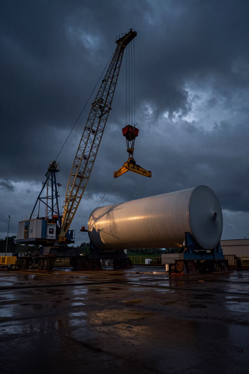 Predawn Crane Lifts Wind Turbine Nacelle in across an active works site near Kitwe