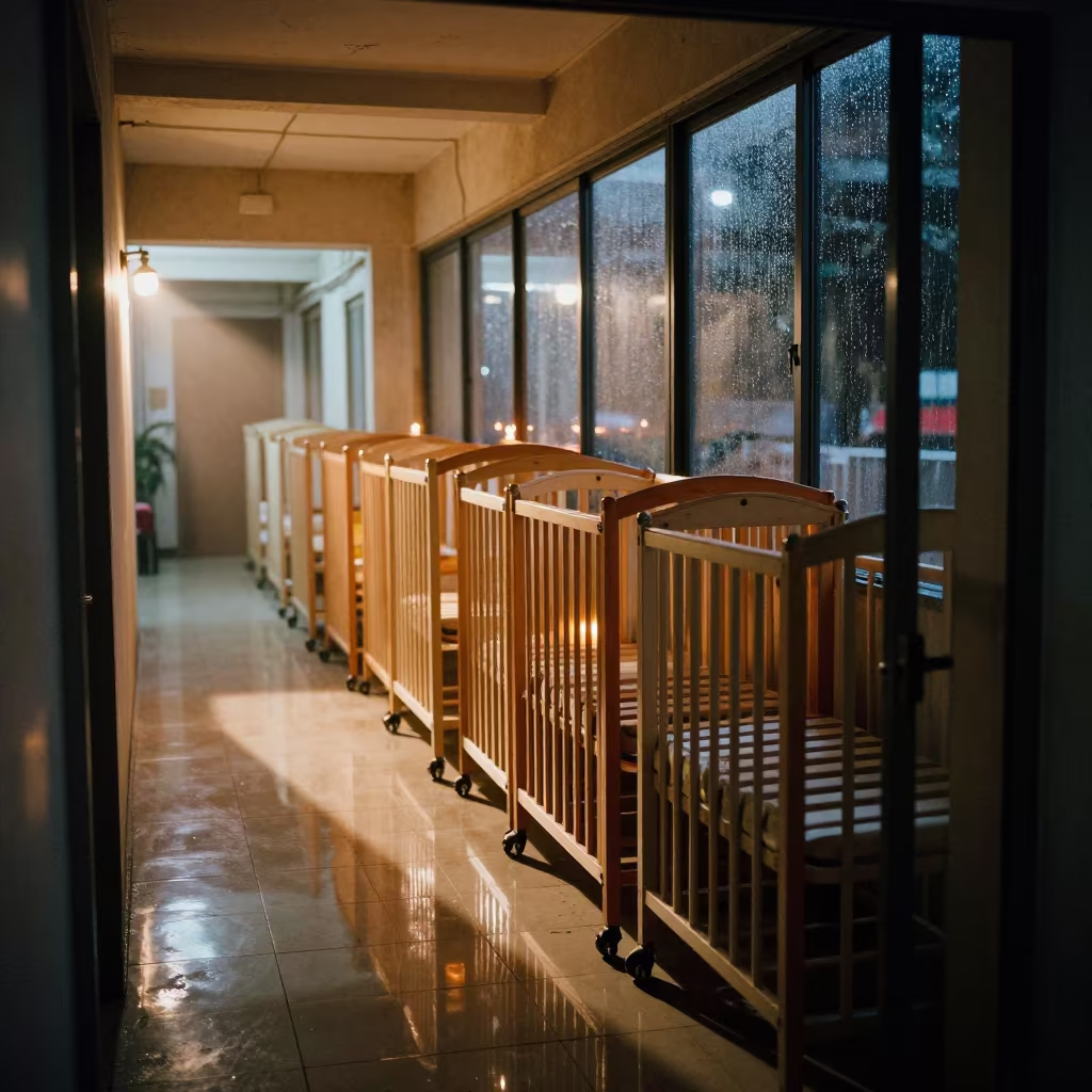 Predawn Crib Storage Room with Candlelight in in a quiet guest corridor in Haiphong