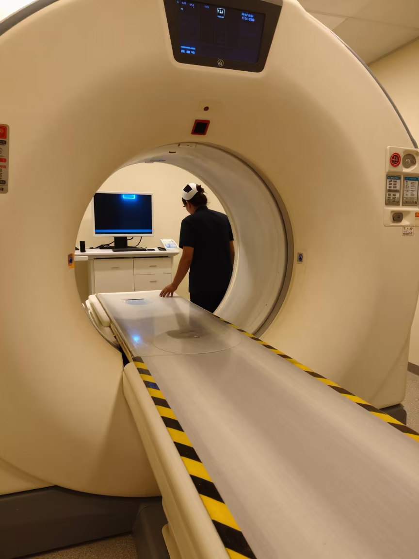 Predawn CT Scanner Room with Warning Stripes in at a nurse station under monitor glow near Riyadh