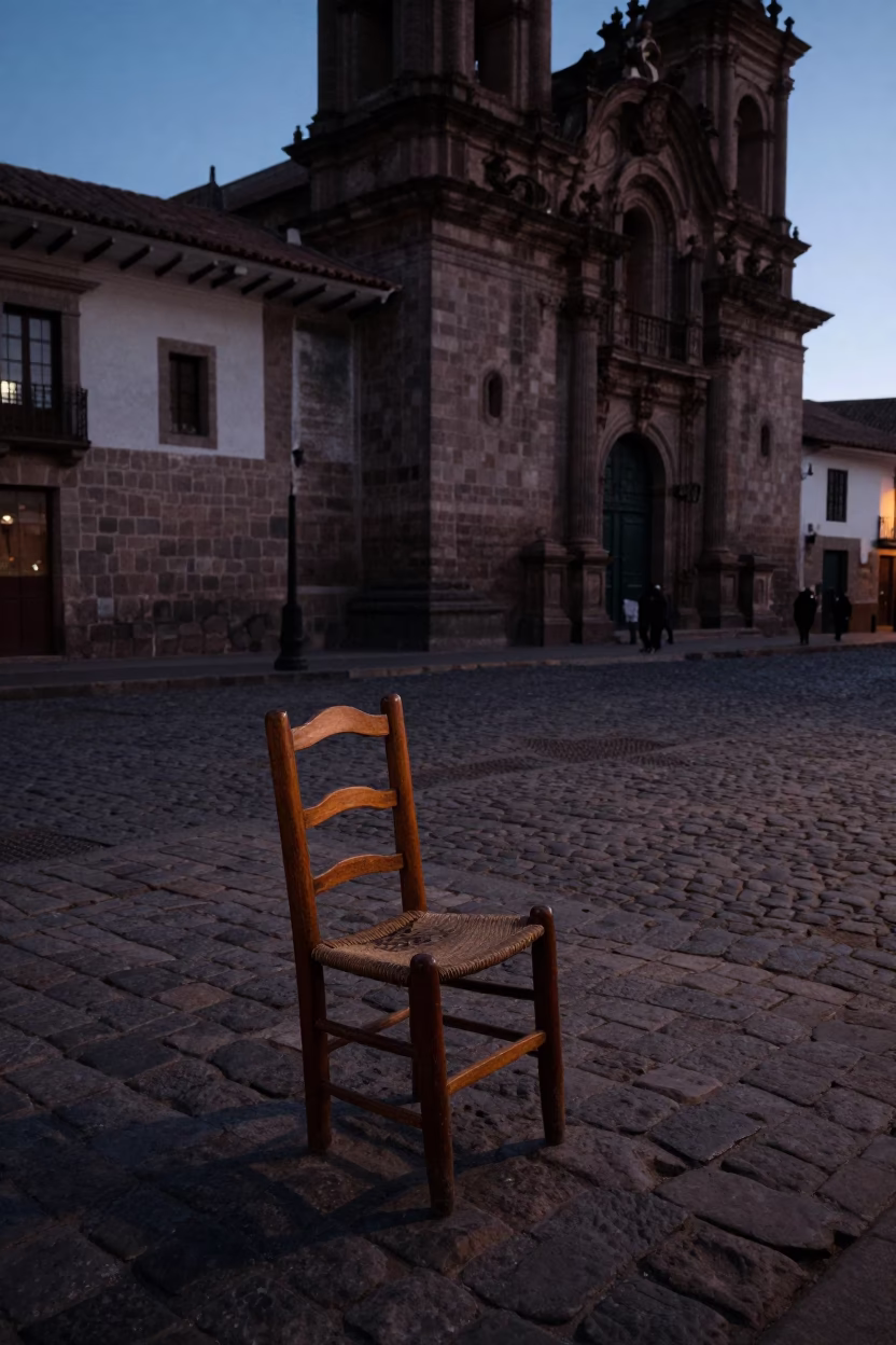 Predawn Cusco Peru Street Scene with Ladder-Back Chair and Cobblestone Plaza in in Cusco, Peru