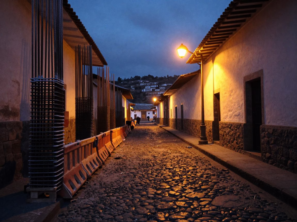 Predawn Cusco Street Scene with Construction Rebar and Frost-Crusted Wheel in in Cusco, Peru
