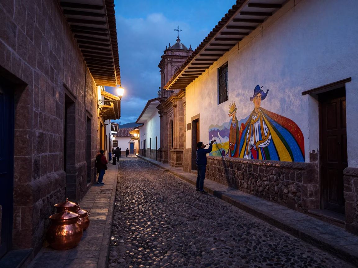 Predawn Cusco Street Scene with Copper Pots and Mural Painting in 1990s Peru in in Cusco, Peru