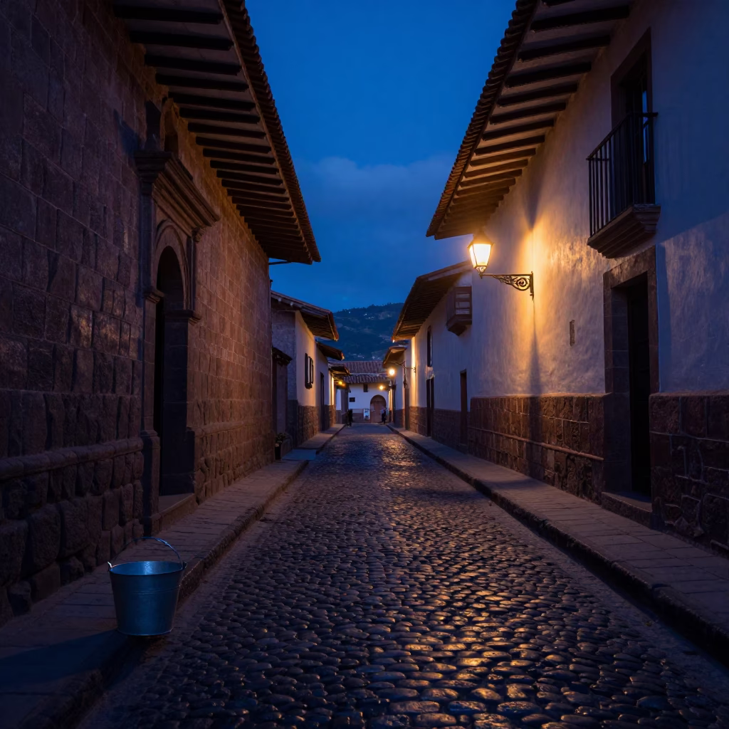 Predawn Cusco Street Scene with Metal Bucket and Indigo Fabric Near Stone Architecture in in Cusco, Peru