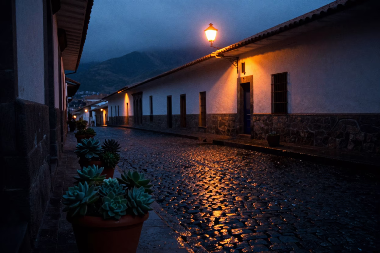 Predawn Cusco Street Scene with Potted Succulents and Dimly Lit Colonial Architecture in in Cusco, Peru