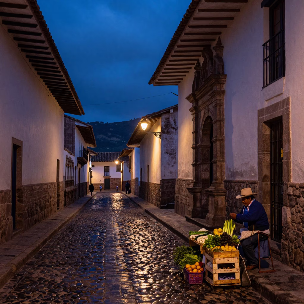 Predawn Cusco Street Scene with Stone Architecture and Local Market Activity in in Cusco, Peru