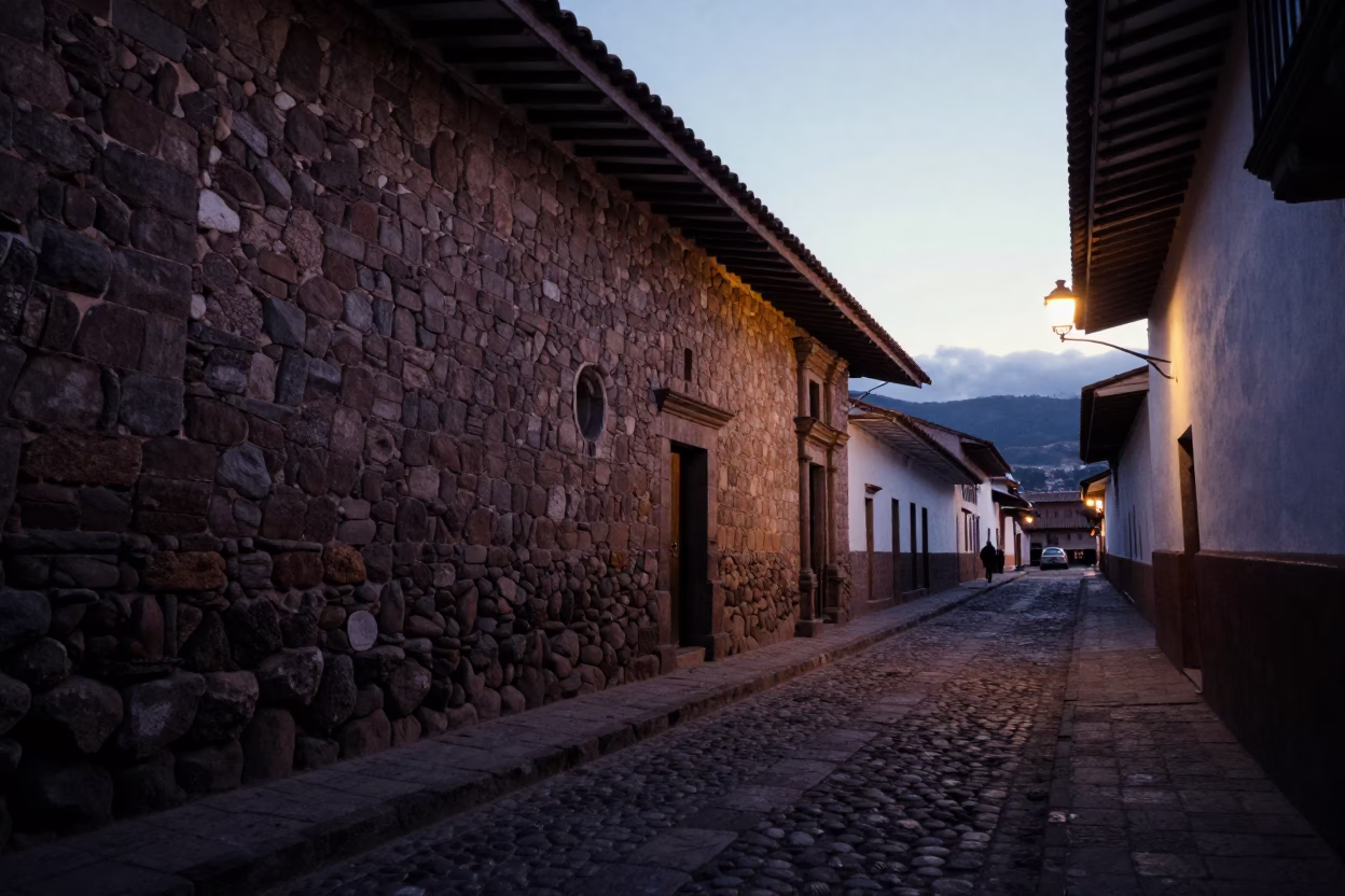 Predawn Cusco Street Scene with Stone Architecture and Local Vendor in 1970s Peru in in Cusco, Peru