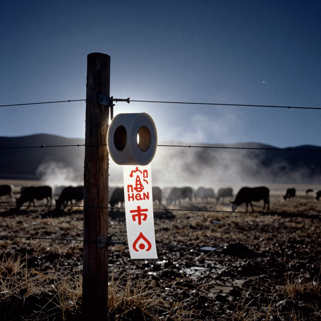 Predawn Dairy Sticker Roll on Tibetan Fence in along a muddy paddock fence in Tibet