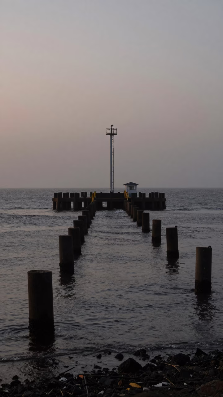 Predawn Dakar Senegal Ferry Ramp Piling System Low Tide Water Tower Ladder Mist in in Dakar, Senegal