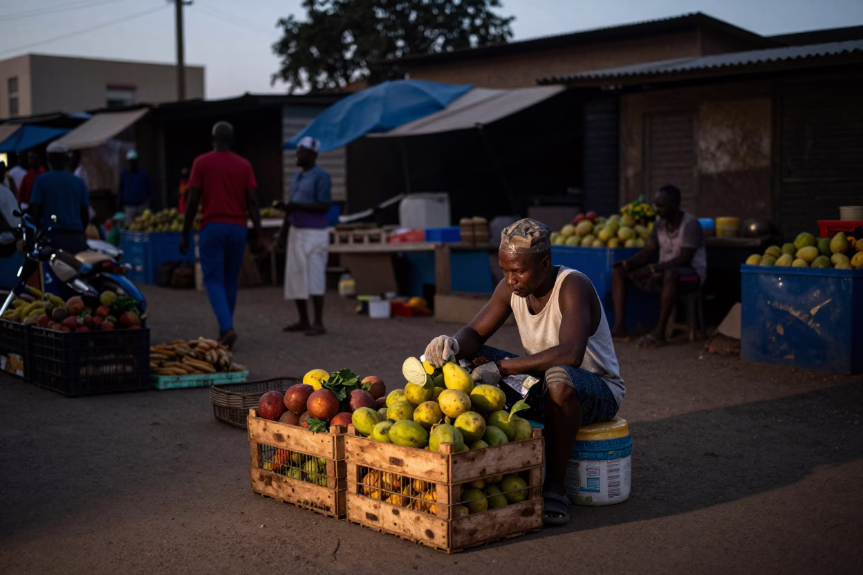 Predawn Dakar Senegal Street Market Vendor with Fruit Crate and Cash Box in in Dakar, Senegal