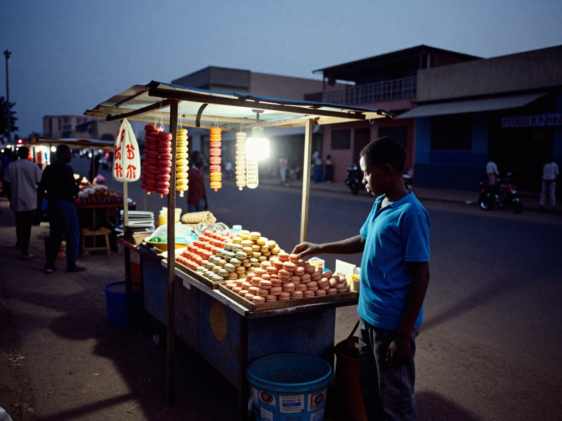 Predawn Dakar Senegal Street Scene with Colorful Vendor Stall and Morning Activity in in Dakar, Senegal
