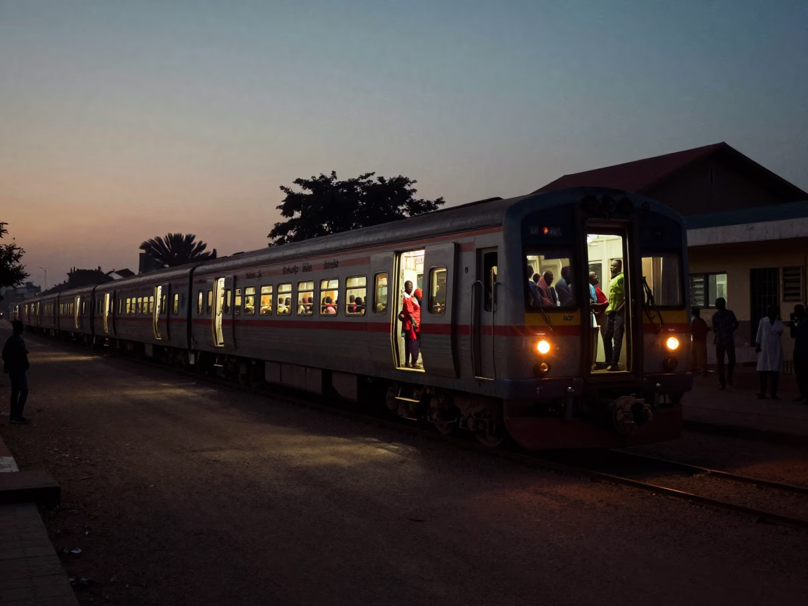 Predawn Dakar Senegal Street Scene with Commuter Train and Local Activity in in Dakar, Senegal