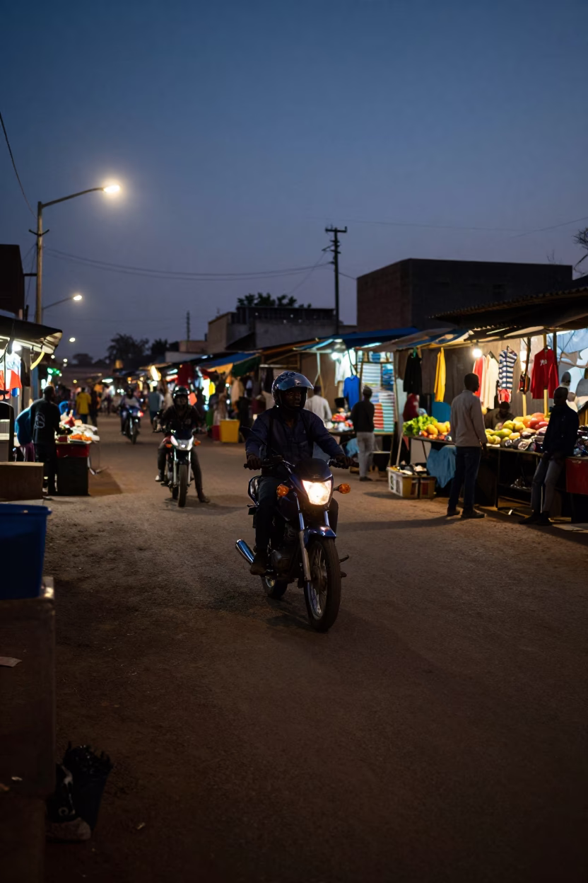 Predawn Dakar Senegal Street Scene with Motorcycle and Local Market Elements in in Dakar, Senegal