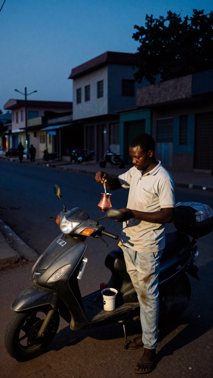 Predawn Dakar Street Scene with Coffee Vendor and Scooter in Senegal in in Dakar, Senegal