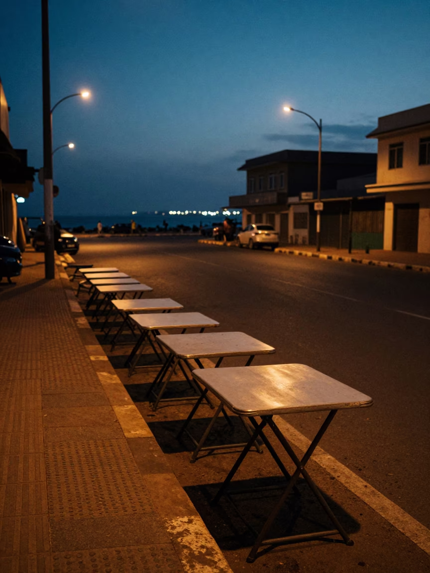 Predawn Dakar Street Scene with Folding Tables and Harbor Beacon in Senegal in in Dakar, Senegal