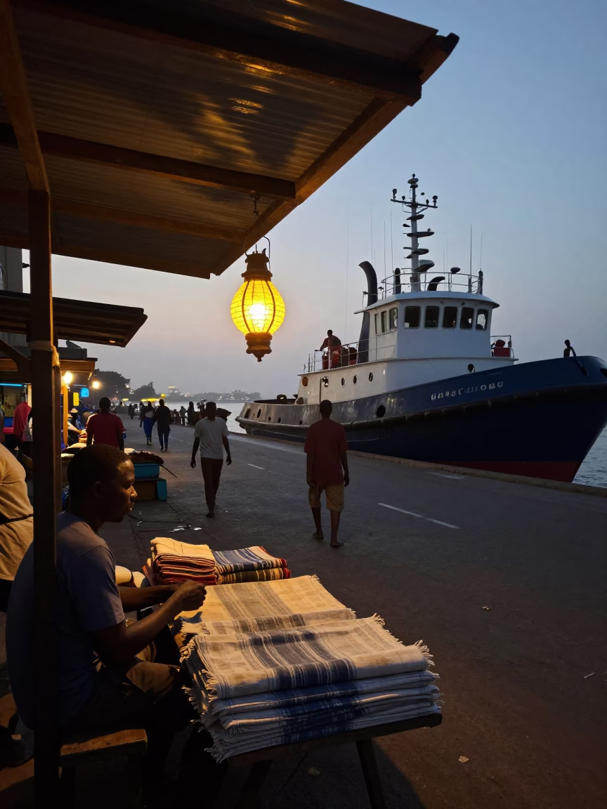 Predawn Dakar Street Scene with Lantern Light and Tugboat Fleet in Distance in in Dakar, Senegal