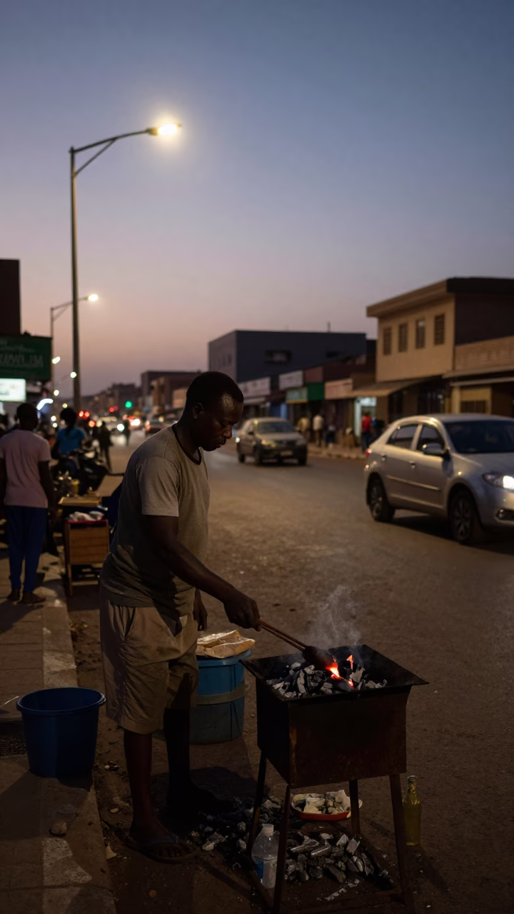 Predawn Dakar Street Scene with Street Vendor and Early Morning Activity in in Dakar, Senegal