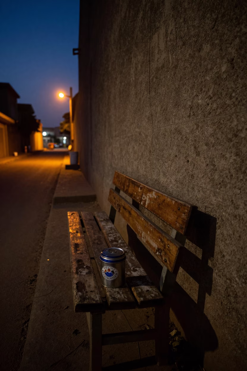 Predawn Dakar street scene with tea tin and jar on wooden bench in in Dakar, Senegal