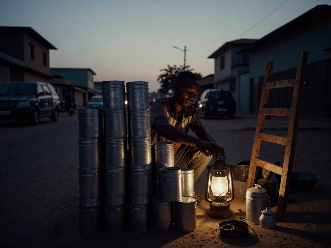 Predawn Dakar Street Scene with Tiffin Tin and Wooden Stool in in Dakar, Senegal