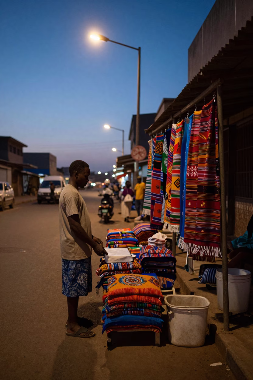 Predawn Dakar Street Scene with Vendor and Colorful Textiles in Senegal in in Dakar, Senegal