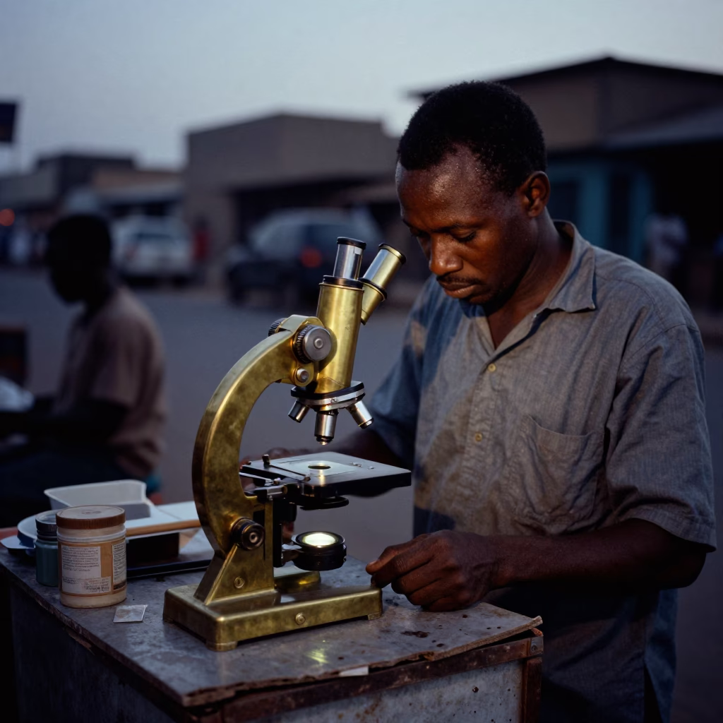 Predawn Dakar Street Vendor Scene with Vintage Brass Microscope and Sewing Scissors in in Dakar, Senegal