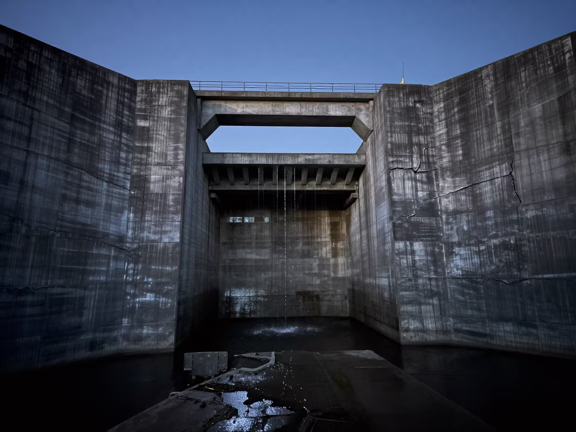 Predawn Dam Gallery Drips Along Concrete Seams in along a dam spillway in Chhattisgarh