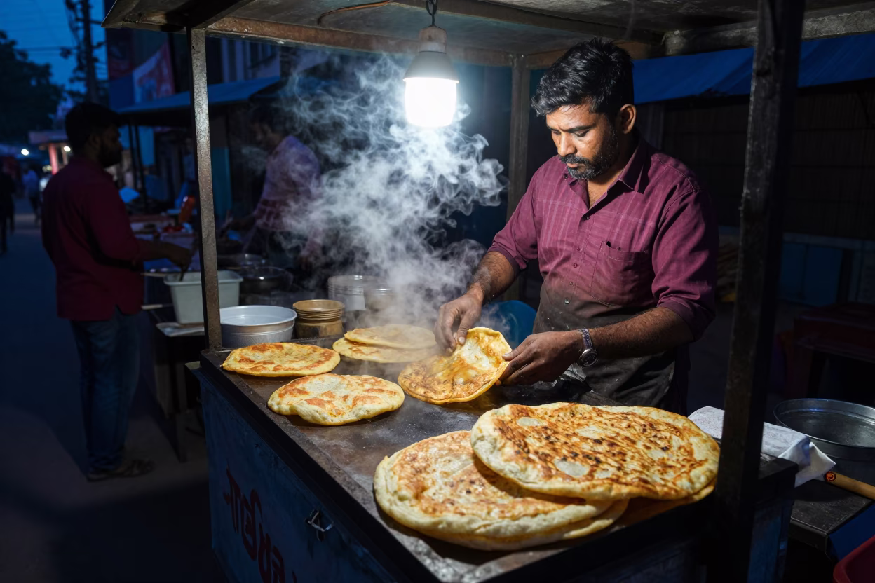 Predawn Delhi Street Food Stall with Aloo Tikki and Chutneys in Early Morning Darkness in in Delhi, India