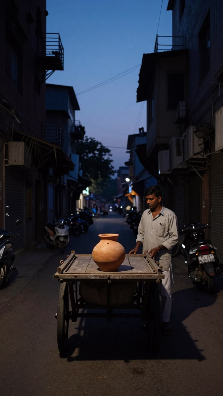 Predawn Delhi Street Scene with Early Morning Vendor and Clay Pot in in Delhi, India