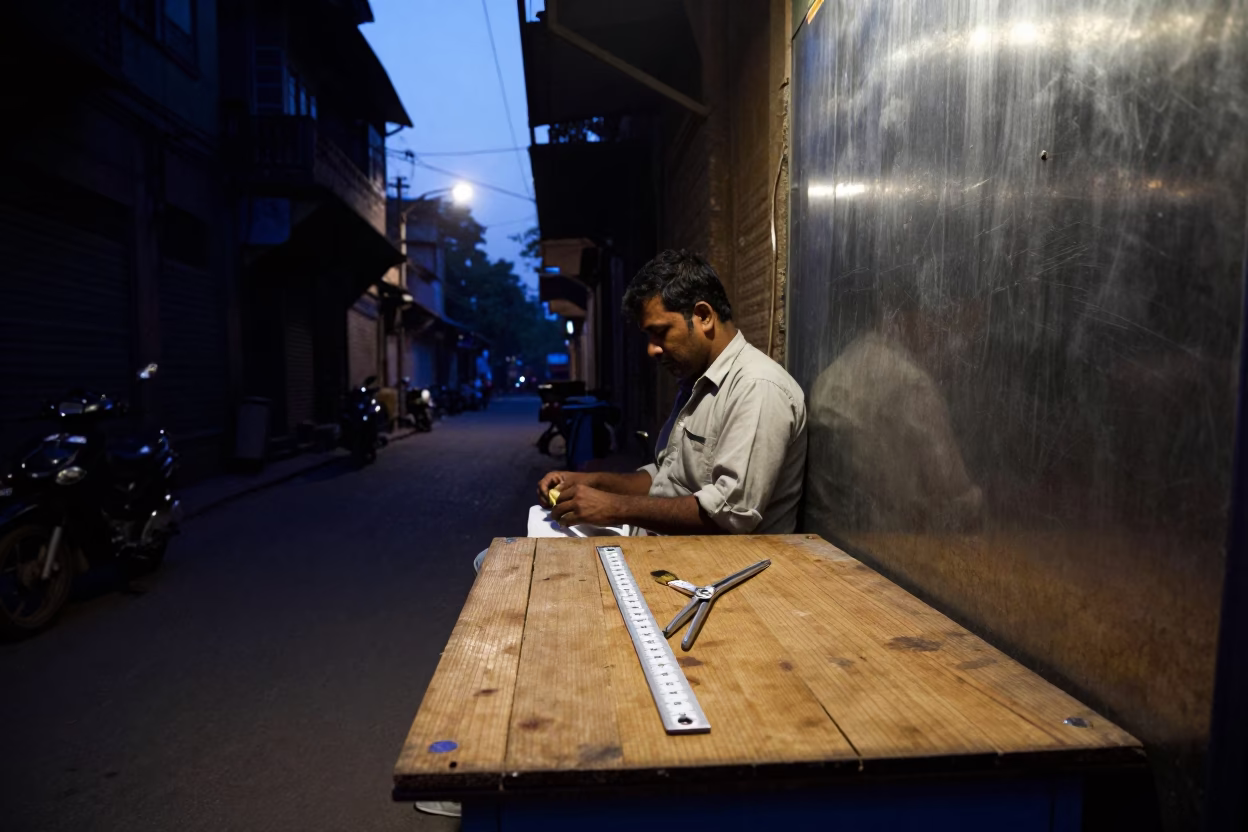 Predawn Delhi Street Scene with Folding Ruler and Brushed Steel Wall in in Delhi, India