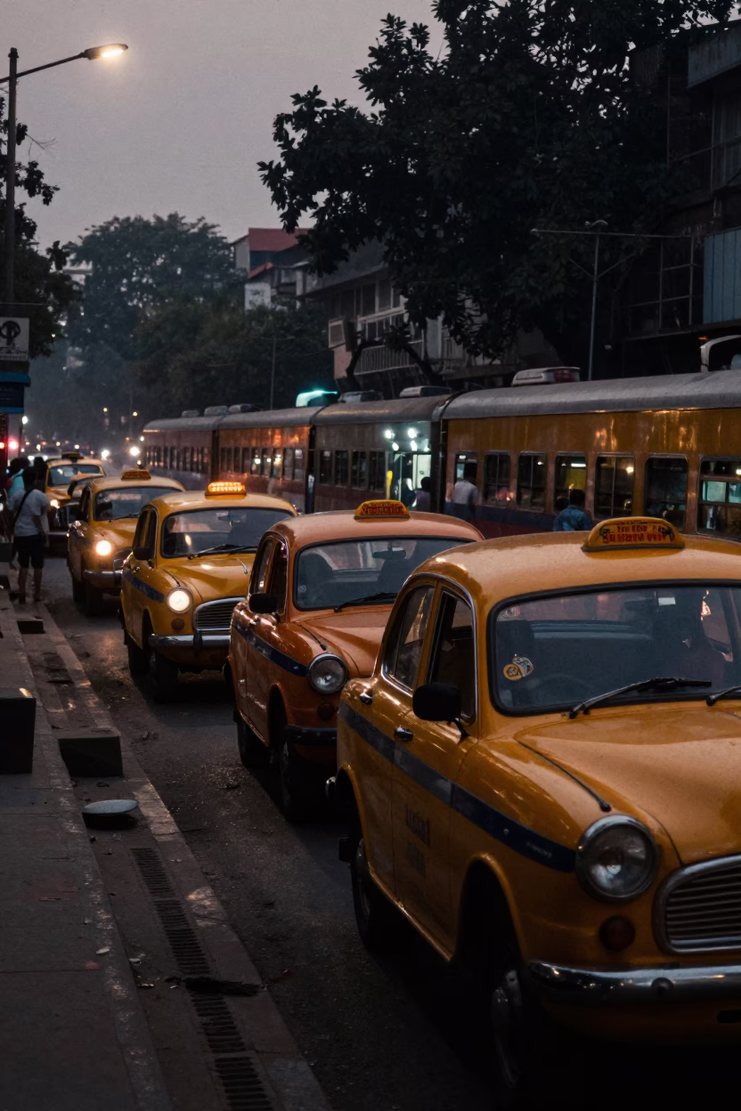 Predawn Delhi Street Scene with Taxi Rank and Morning Commuters in in Delhi, India