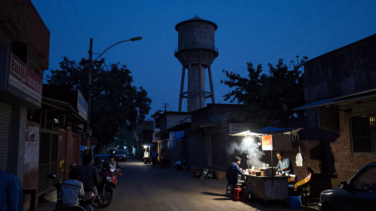 Predawn Delhi Street Scene with Water Tower and Tea Stall in India in in Delhi, India