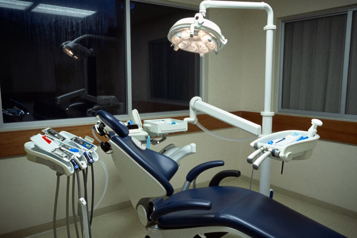 Predawn Dental Chair in León Hospital Corridor in inside a hospital corridor in León de Los Aldama