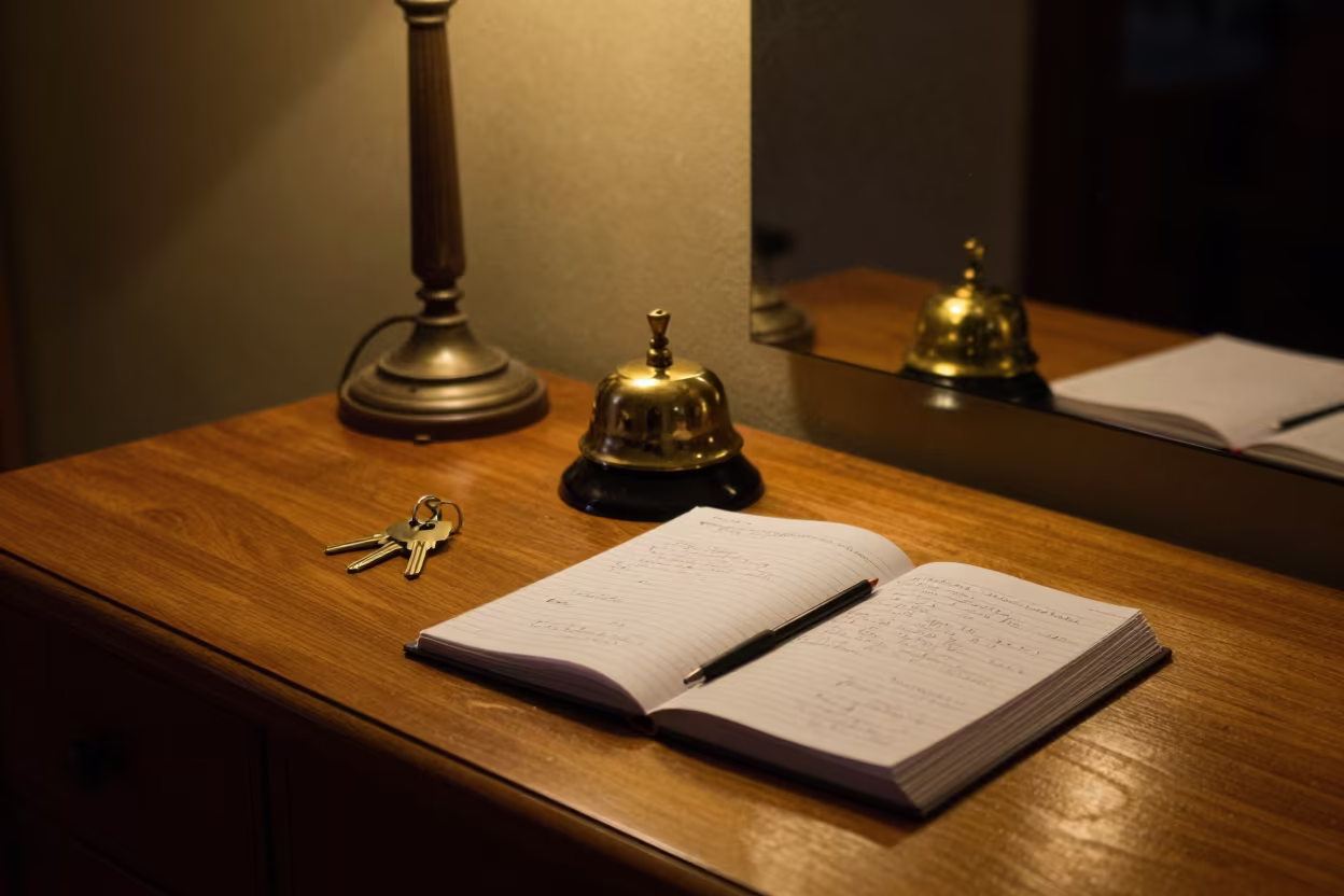 Predawn Desk With Brass Bell And Keys in in a quiet guest corridor in Bishkek